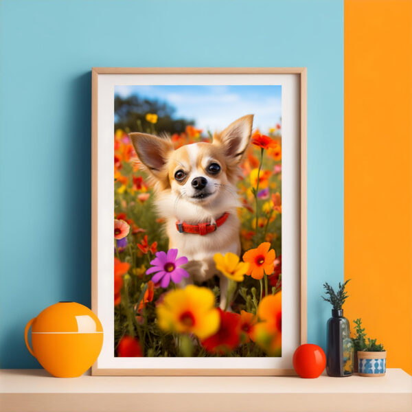 A landscape of Flowers and a Dog.