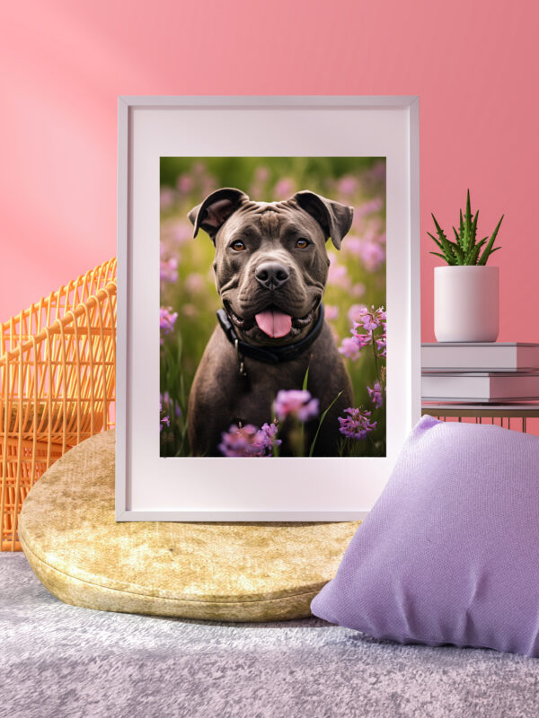 A landscape of Flowers and a Dog.