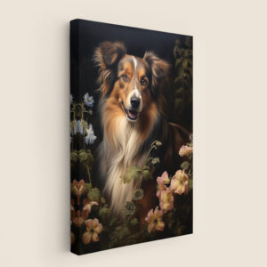 Dog Decor, Dog in flowers on Black Wall Art