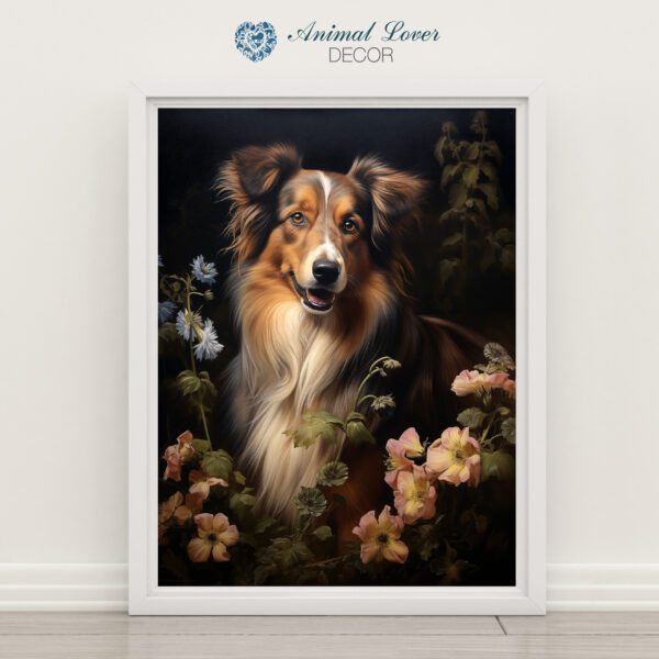 Dog Decor, Dog in flowers on Black Wall Art