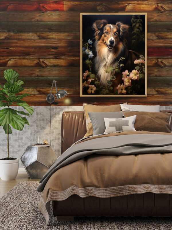 Dog Decor, Dog in flowers on Black Wall Art