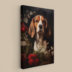 Dog Decor, Dog in flowers on Black Wall Art