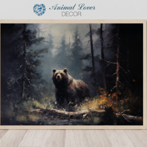 Bear art, Bear in Dark Forrest, Hunting decor,