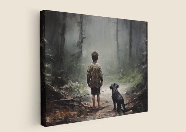 Boy and His Dog in Dark Forest, CANVAS ART, Boy and His Dog Oilpainting, Dark Cottagecore, Forest Decor, Forest Wall Art