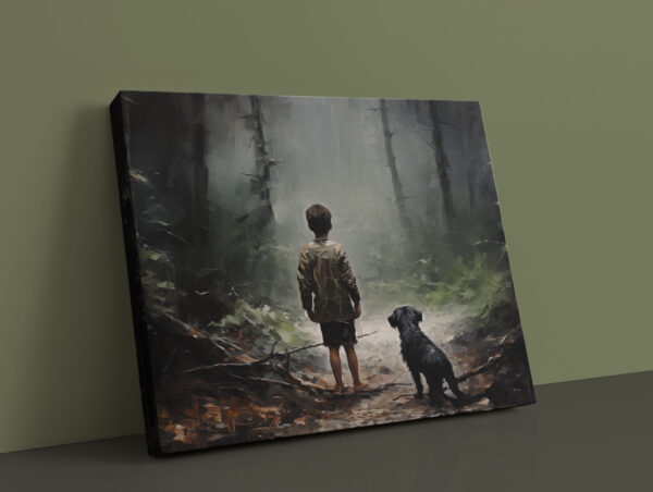 Boy and his dog in the woods, Dark forest art