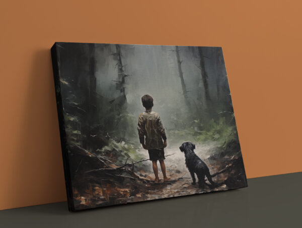 Boy and his dog in the woods, Dark forest art