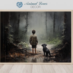 Boy and his dog in the woods, Dark forest art