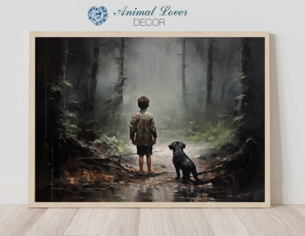 Boy and his dog in the woods, Dark forest art