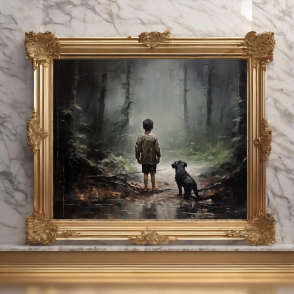 Boy and his dog in the woods, Dark forest art