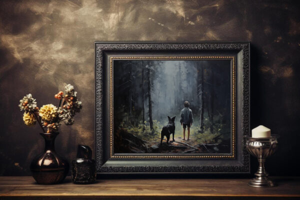 Boy and his dog in the woods, Dark forest art