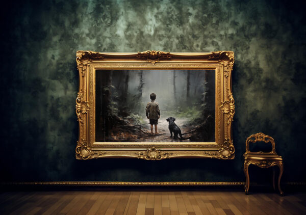 Boy and his dog in the woods, Dark forest art