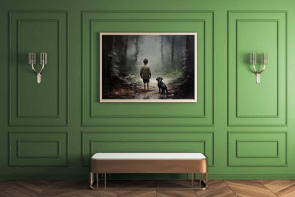 Boy and his dog in the woods, Dark forest art