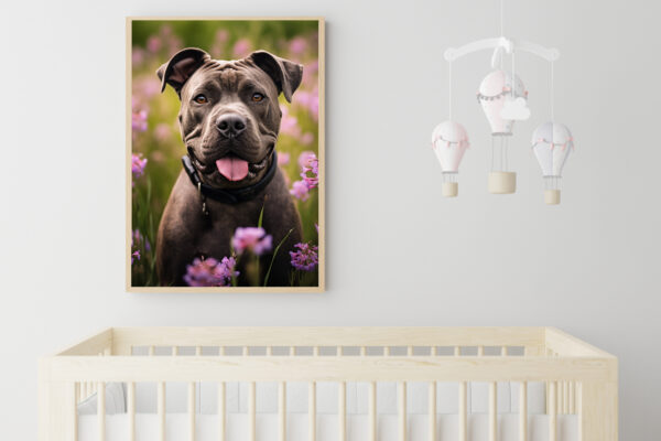 A landscape of Flowers and a Dog.