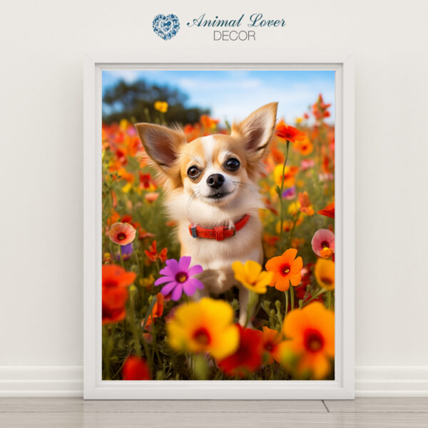 Chihuahua in field of flowers Wall Art, POSTER, Chihuahua Decor, Dog Decor, Artful Dog Artwork, Dog Wall Art