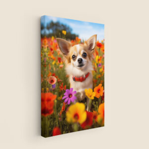 A landscape of Flowers and a Dog.