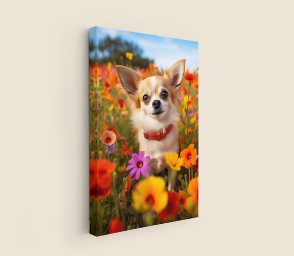 A landscape of Flowers and a Dog.