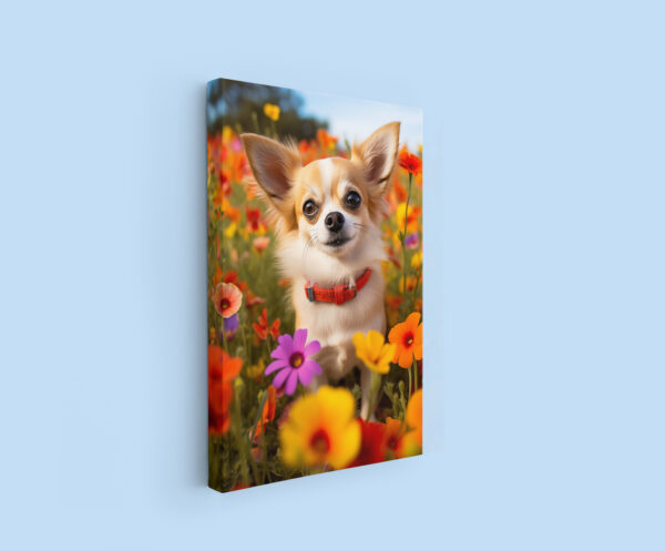 A landscape of Flowers and a Dog.