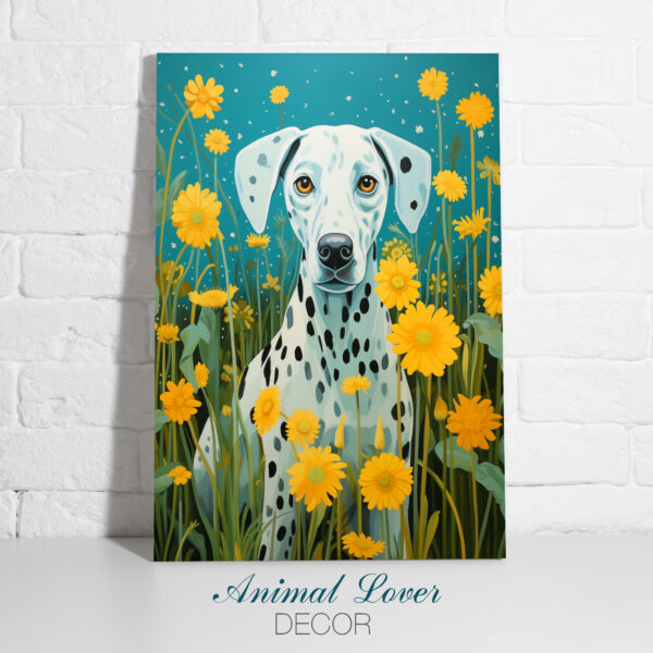 Yellow & Turquoise art, Dog in flowers