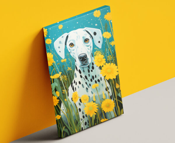 Yellow & Turquoise art, Dog in flowers