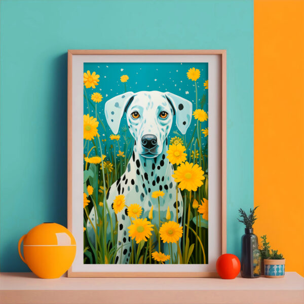 Yellow & Turquoise art, Dog in flowers