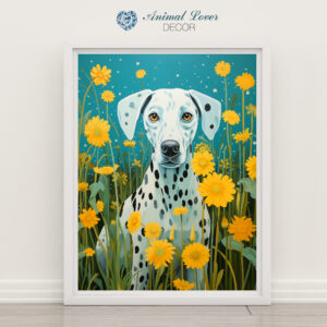 Yellow & Turquoise art, Dog in flowers