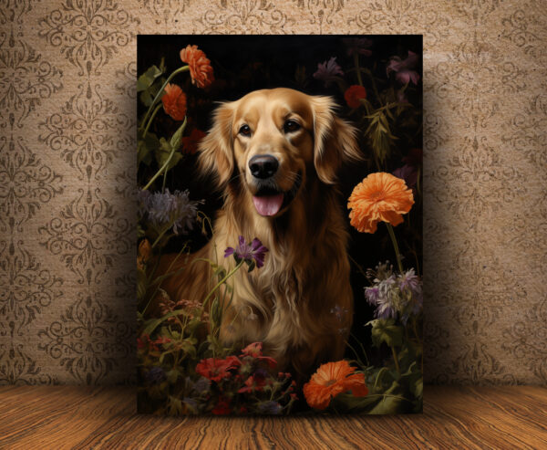 Dog with flowers on black, Dog Art