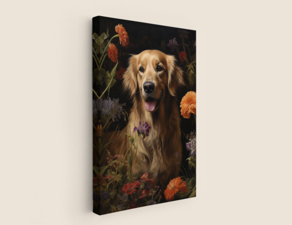 Dog with flowers on black, Dog Art