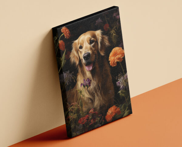 Dog with flowers on black, Dog Art