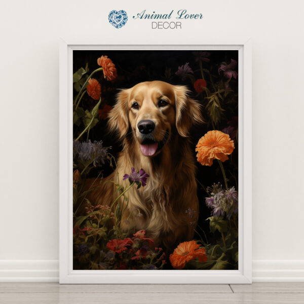 Dog with flowers on black, Dog Art