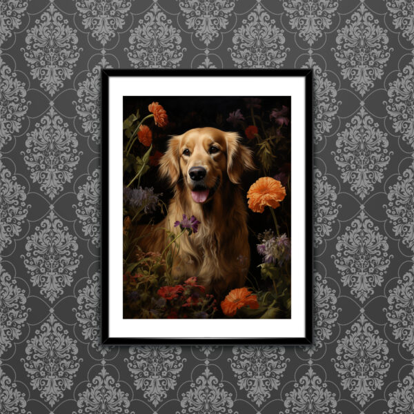 Dog with flowers on black, Dog Art