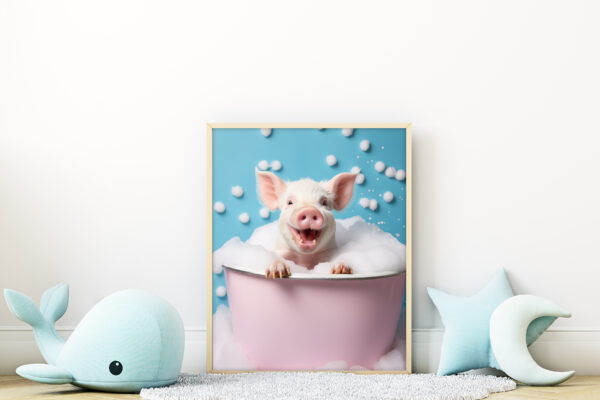 pig in a tub, pastel artwork, pig in bath tub