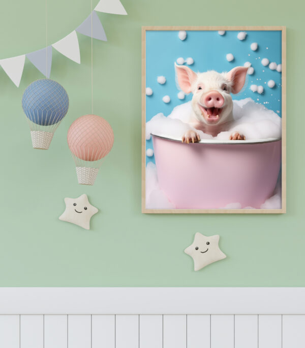 pig in a tub, pastel artwork, pig in bath tub