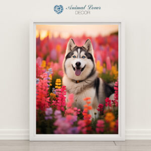 Dog in a field of flowers, Dog artwork, Dog Art