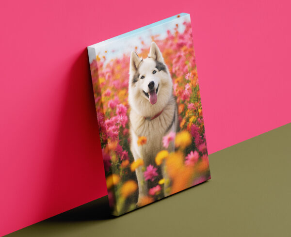 Dog in a field of flowers, Dog artwork, Dog Art