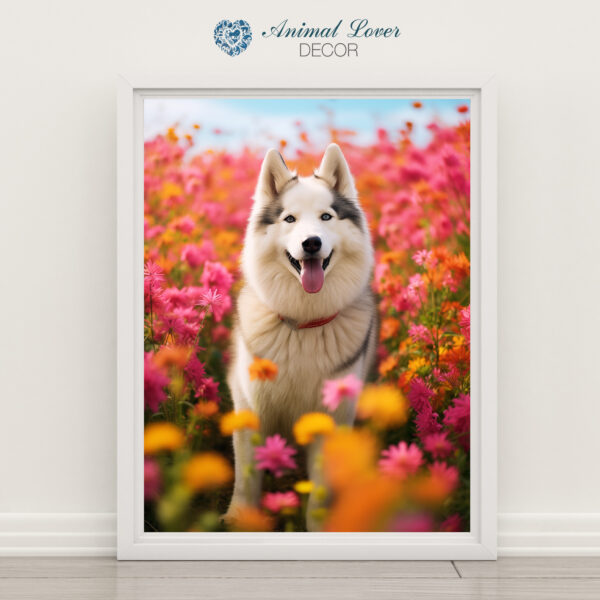 Dog in a field of flowers, Dog artwork, Dog Art