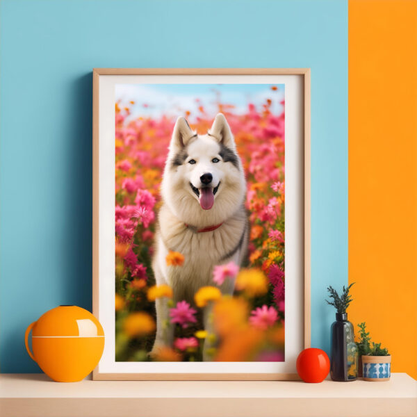 Dog in a field of flowers, Dog artwork, Dog Art