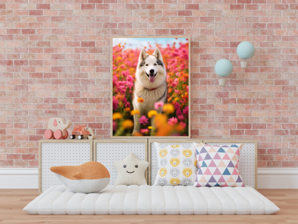 Dog in a field of flowers, Dog artwork, Dog Art