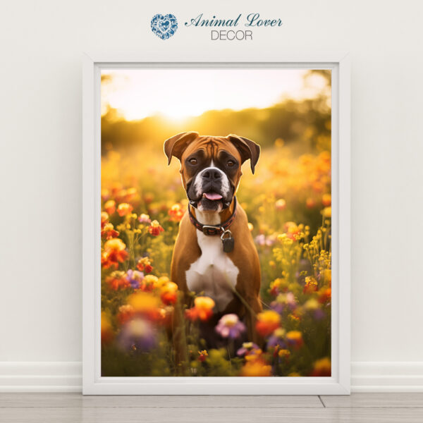 Boxer in field of flowers Wall Art, POSTER, Boxer Decore, Dog Decore, Artful Dog Artwork, Dog Wallart,