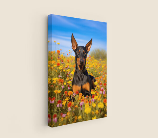 Doberman Pincher in field of flowers Wall Art, CANVAS ART, Doberman Pincher Decor, Dog Decor, Artful Dog Artwork