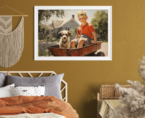 Boy and Dog Wall Art, Bedroom Art,