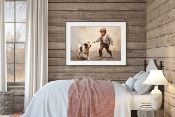 Boy and Dog Wall Art, Bedroom Art,