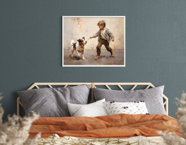 Boy and Dog Wall Art, Bedroom Art,