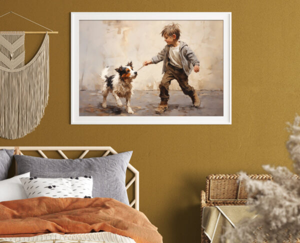 Boy and Dog Wall Art, Bedroom Art,