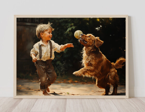 Boy and Dog Wall Art, Bedroom Art,