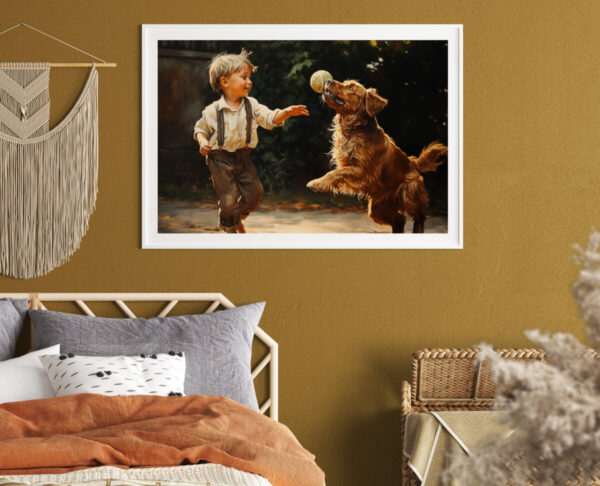 Boy and Dog Wall Art, Bedroom Art,