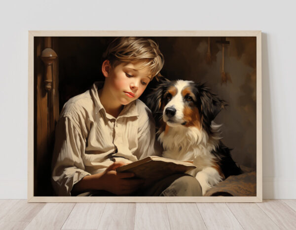 Boy and Dog Wall Art, Bedroom Art,