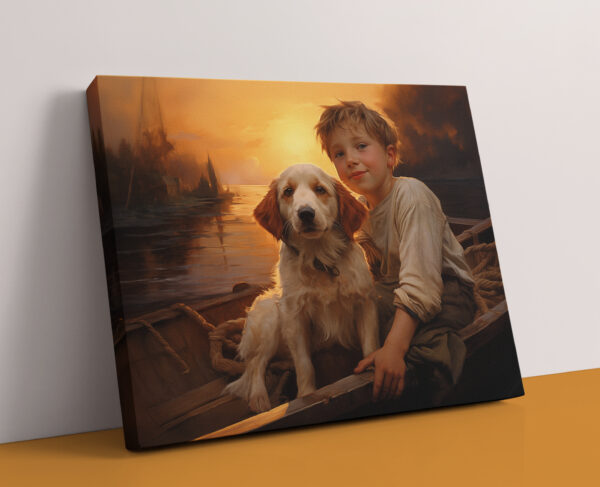 Boy and his dog on boat, animal decor