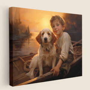 Boy and his dog on boat, animal decor