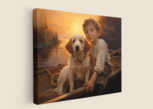 Boy and his dog on boat, animal decor