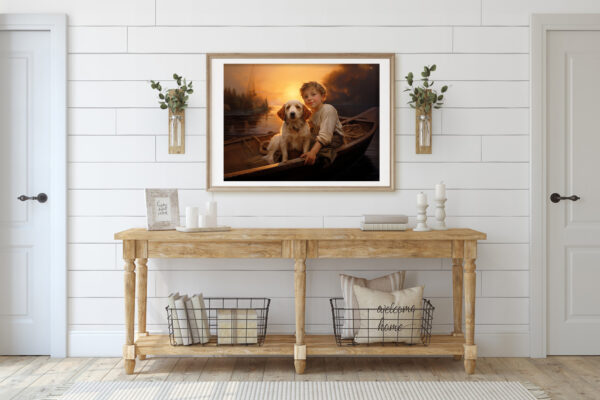 Boy and his dog on boat, animal decor